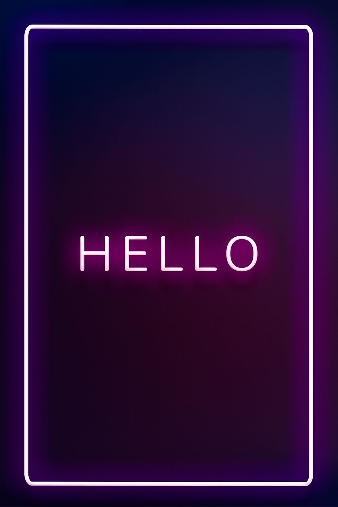 Glowing neon HELLO typography on a dark purple background