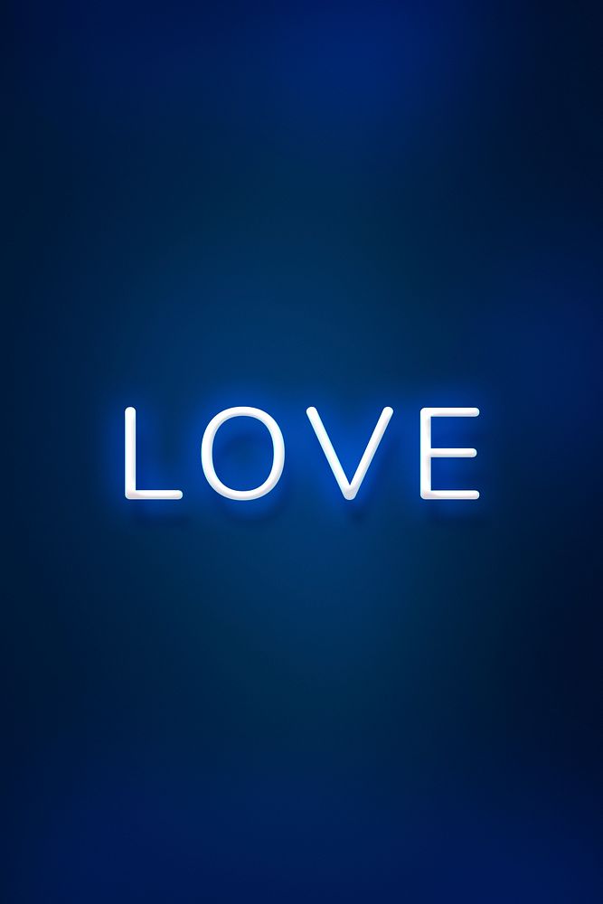 Glowing LOVE neon typography on a blue background