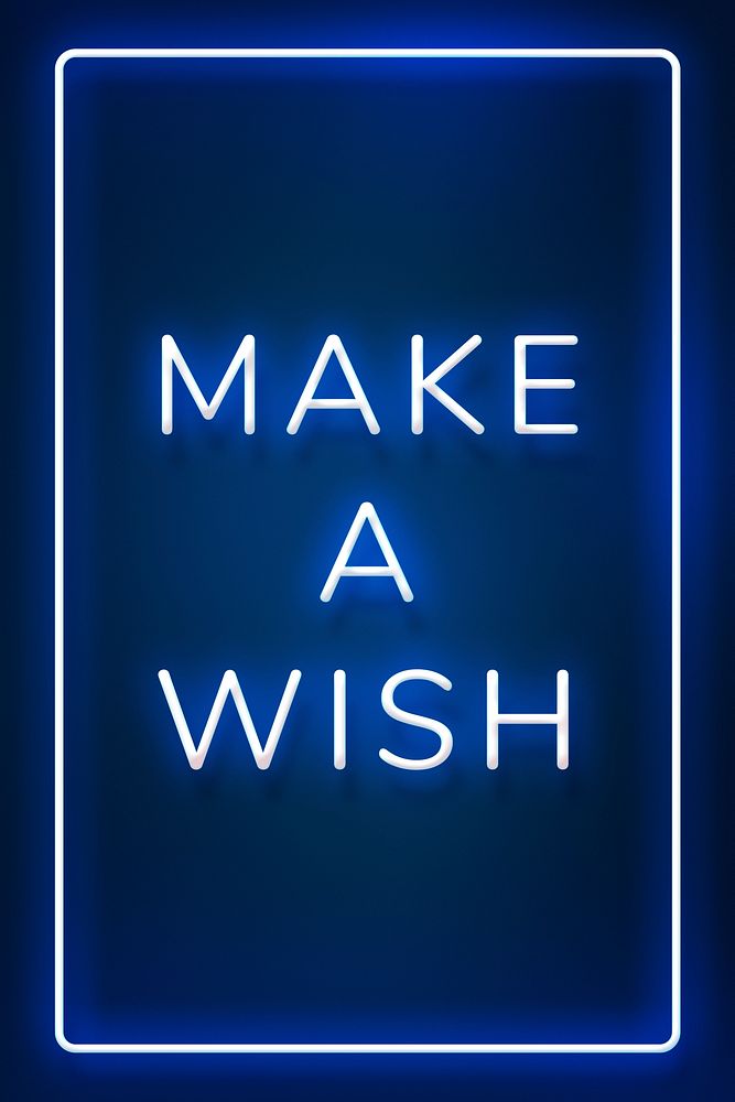 Glowing make a wish neon typography on a blue background