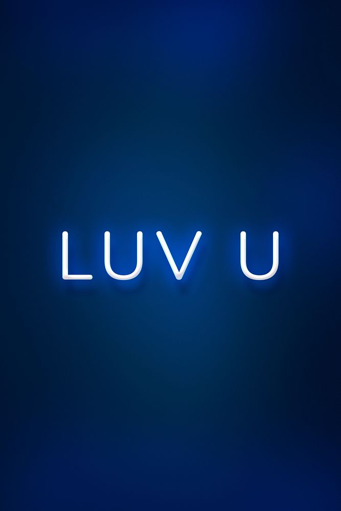 Glowing luv u neon typography on a blue background
