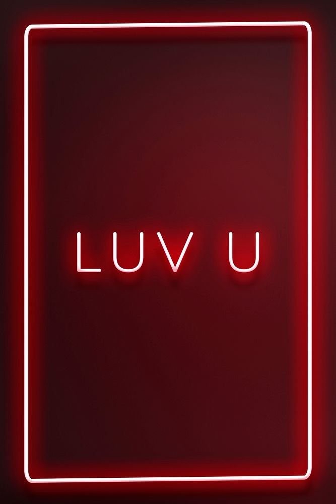 Glowing luv u neon typography on a red background