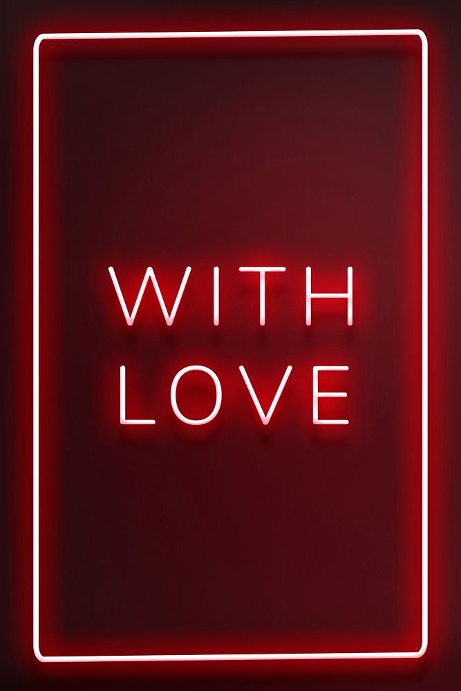 Glowing with love neon typography on a red background