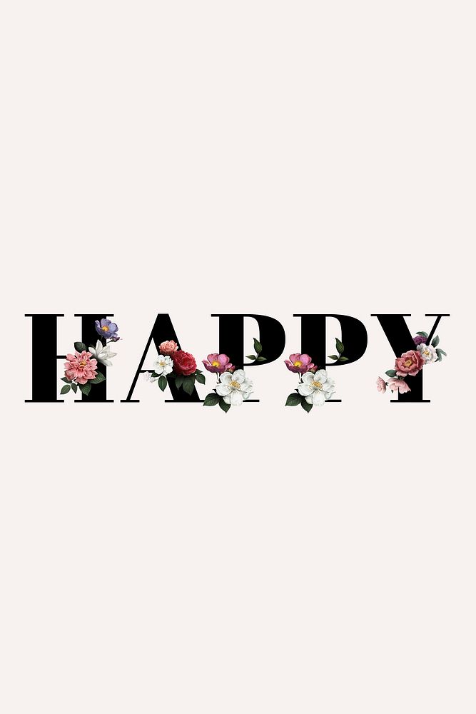 Floral happy word typography on a beige banner