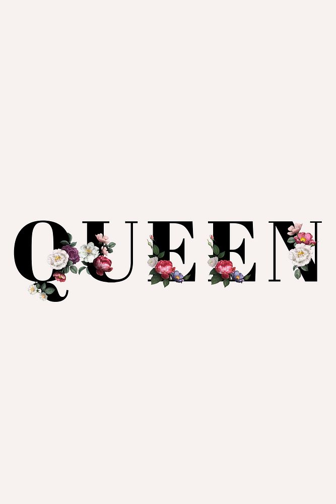 Floral queen word typography on a beige banner