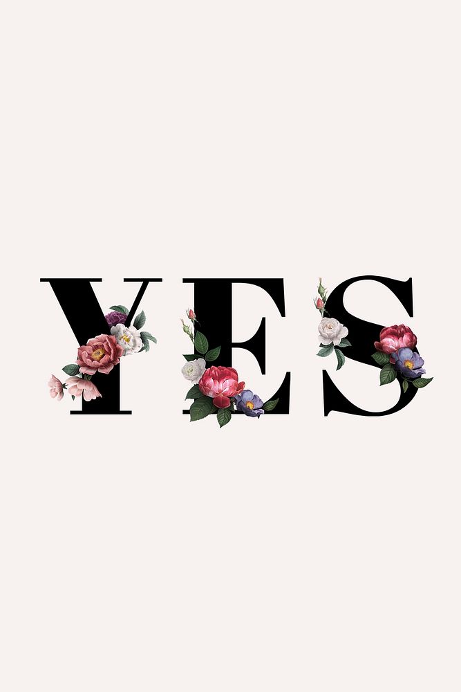 Floral yes word typography on a beige banner