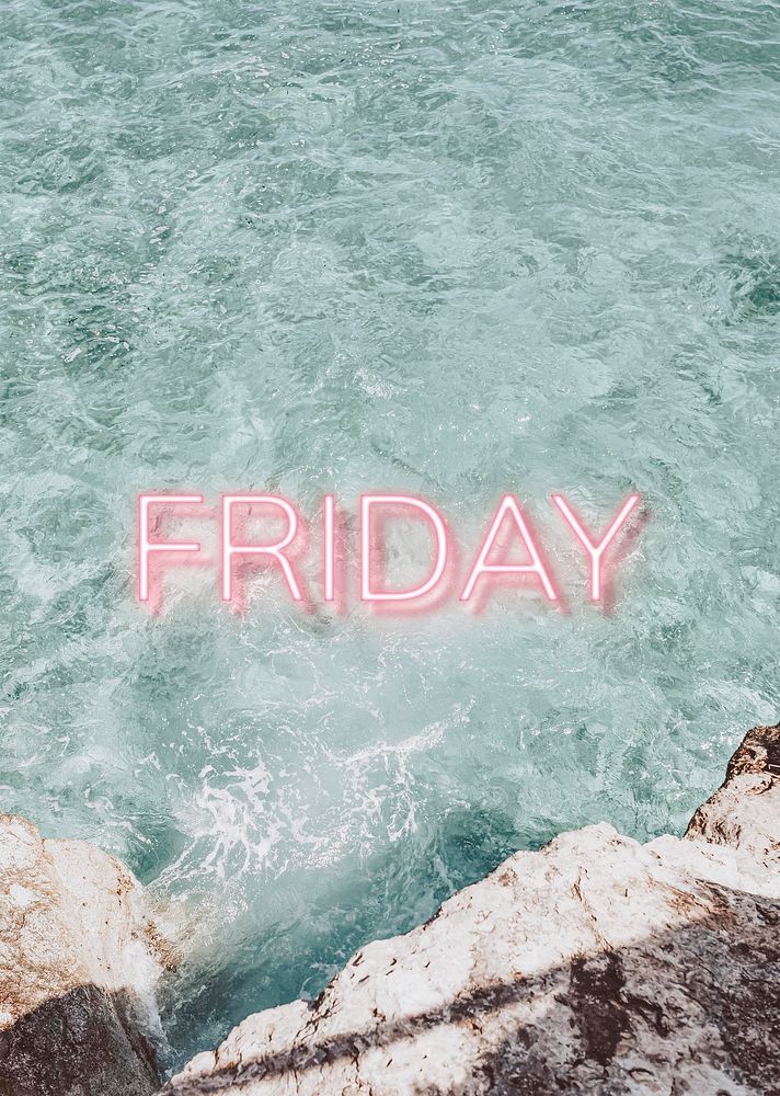 Friday pink neon word typography on sea coast background