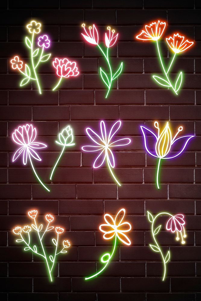 Neon flowers glowing botanical doodle collection