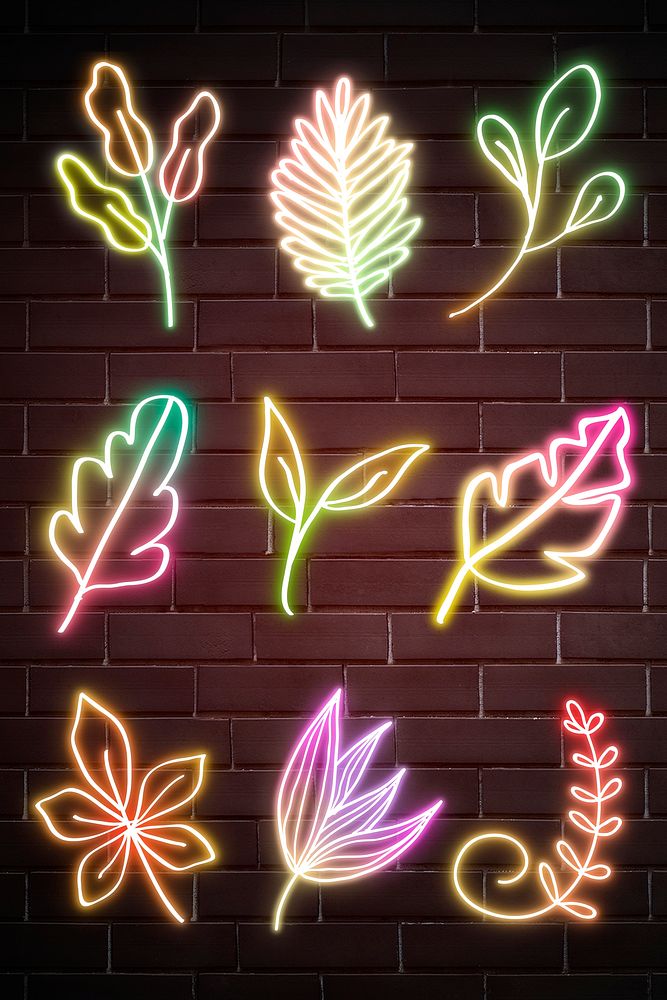 Glowing neon leaf sign psd set