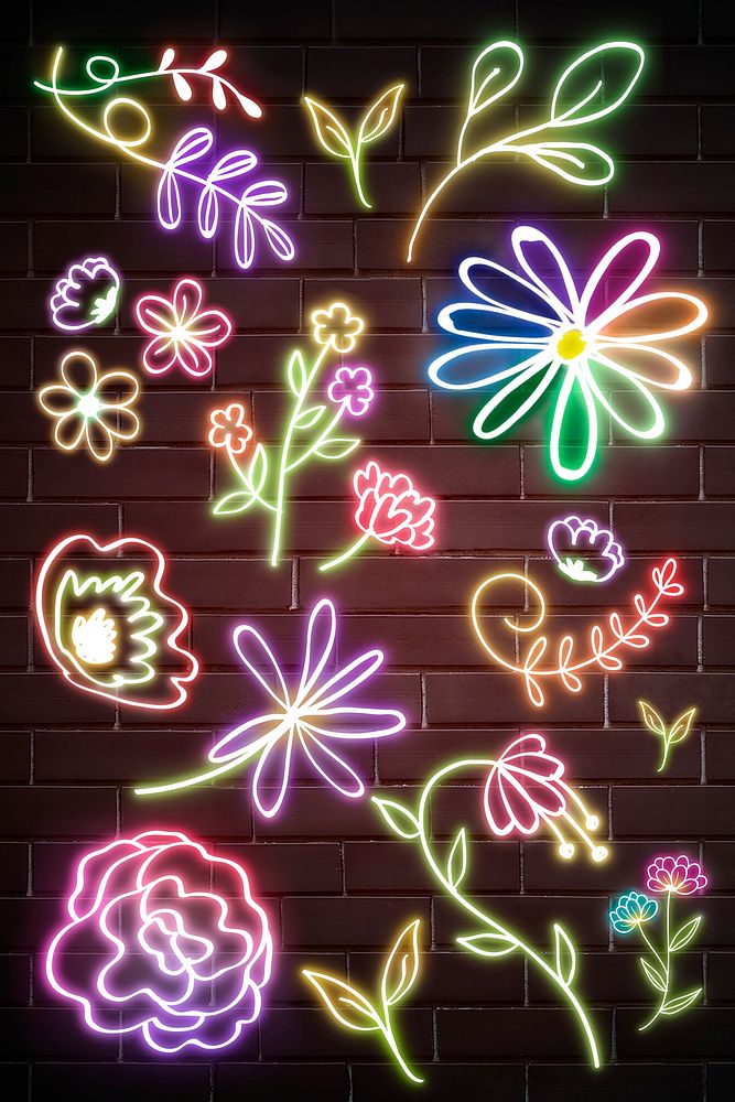 Neon flowers glowing botanical doodle mixed