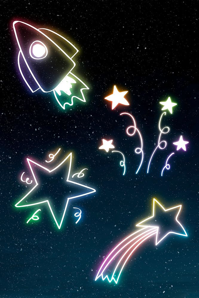 Psd colorful neon glow star doodle set