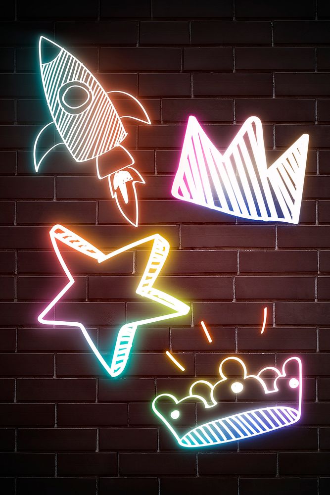 Psd colorful neon glow doodle collection