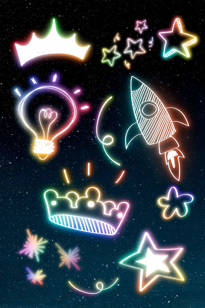 Neon rainbow psd glow doodle collection