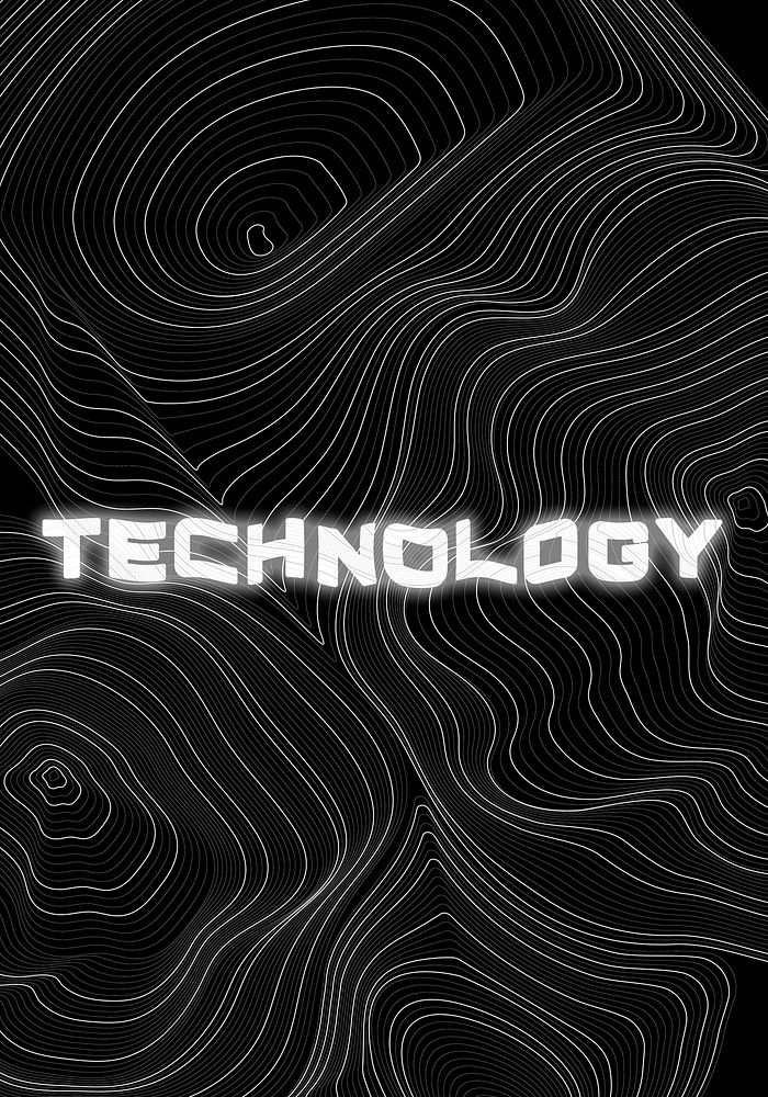 White neon technology  word topographic typography on a black background