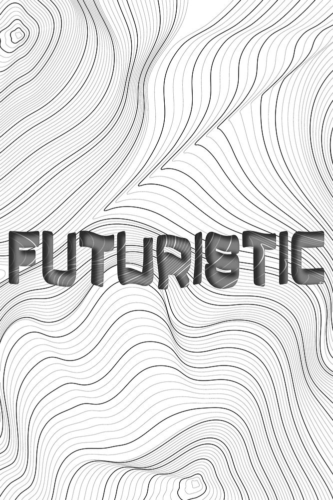 Dark gray futuristic word typography on a white topographic background