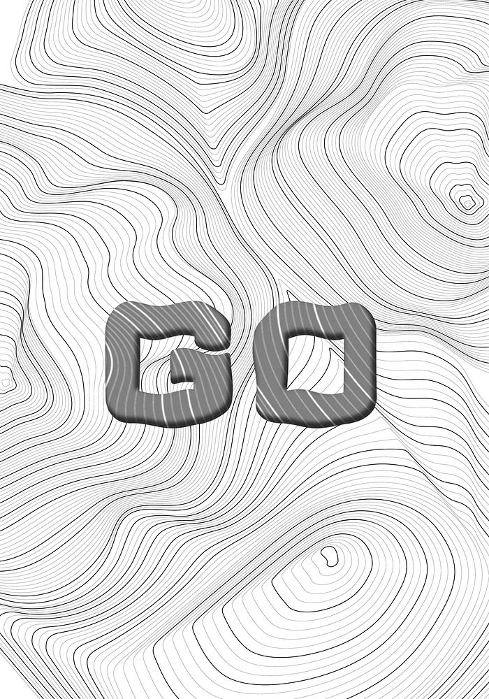 Dark gray go word typography on a white topographic background