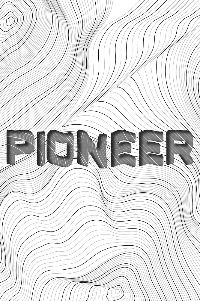 Dark gray pioneer word typography on a white topographic background