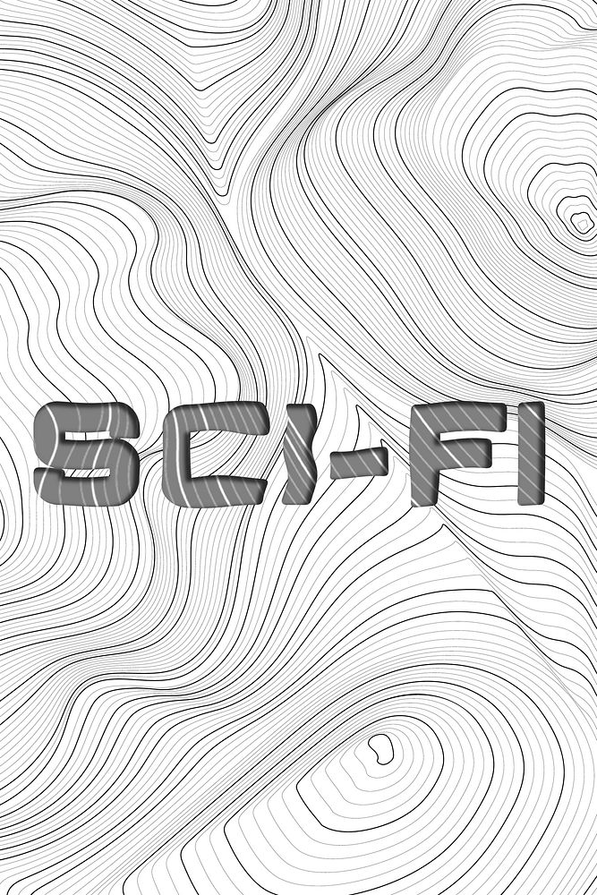 Dark gray sci-fi word typography on a white topographic background
