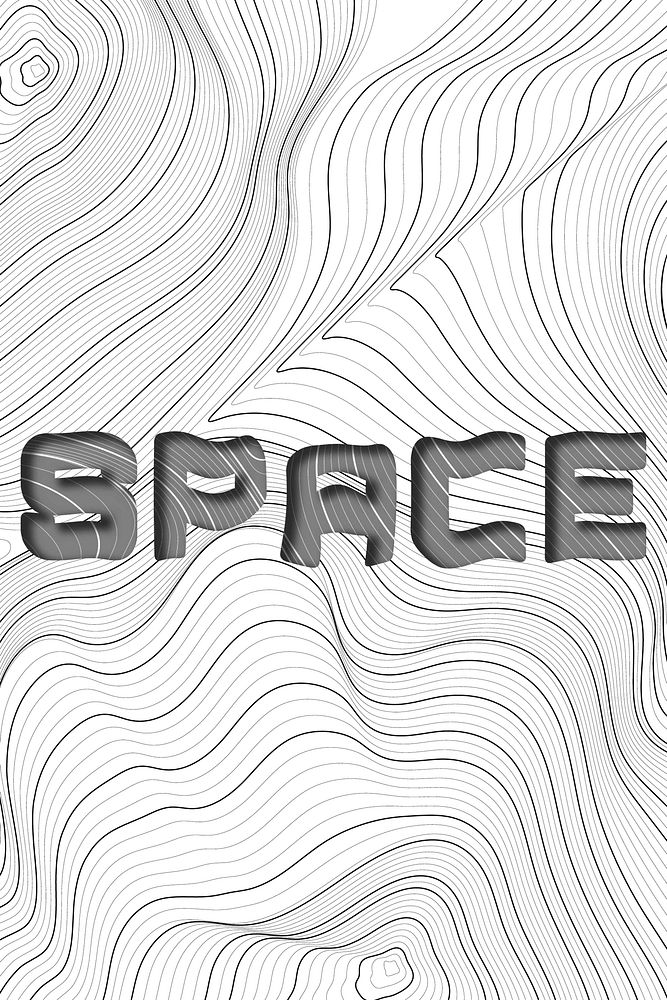 Dark gray space word typography on a white topographic background