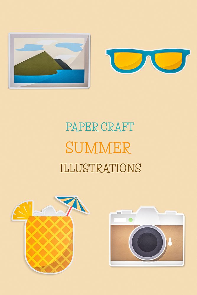Summer vacation paper craft illustration icons design element set