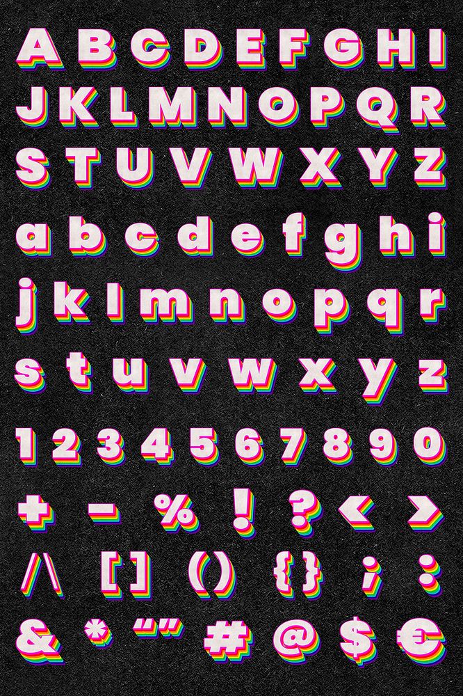Layered rainbow ABC Alphabet psd set numbers and symbols font