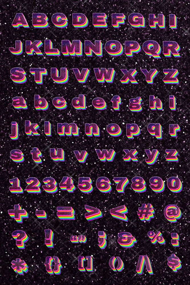 Glitter rainbow alphabet psd set numbers and symbols font