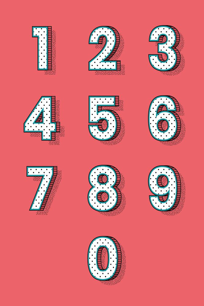 Isometric halftone font numbers 0-9 psd on red