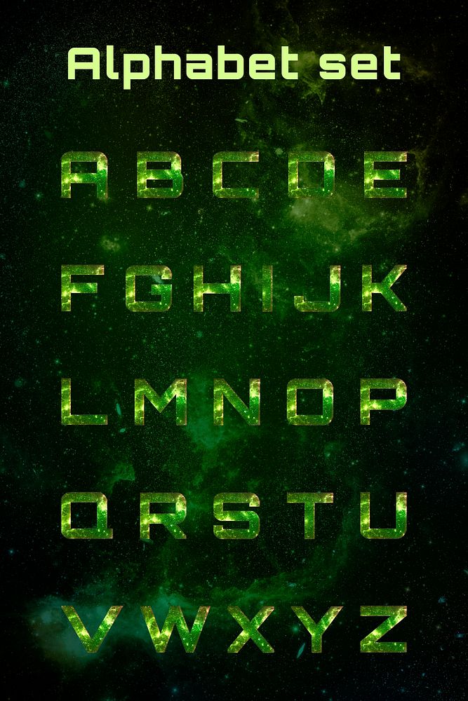 Alphabet set psd typography on green galaxy background