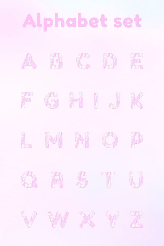 Alphabet psd holographic pastel pink typography set