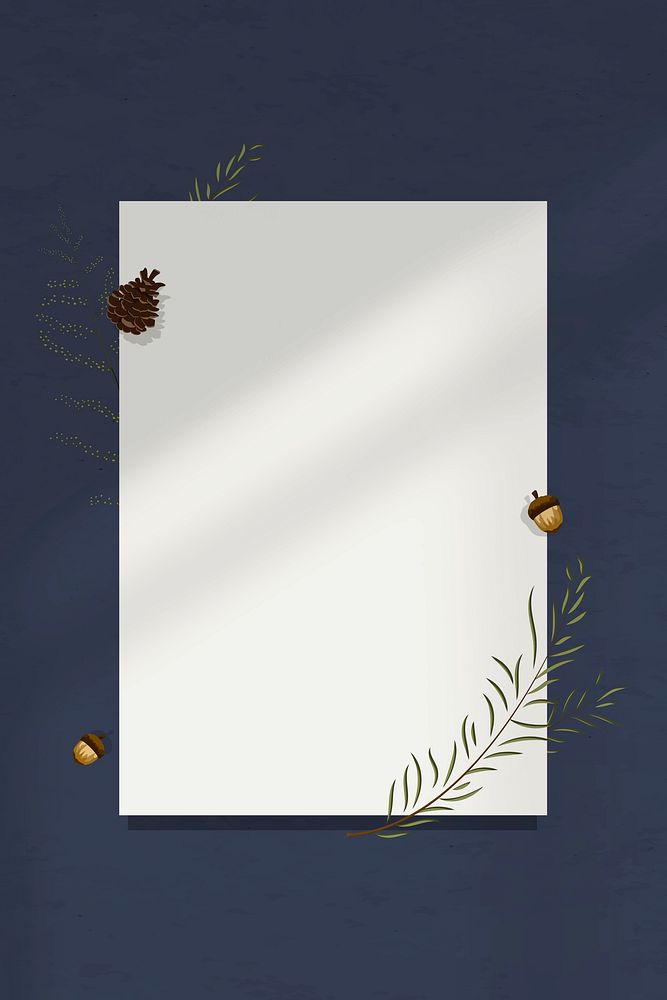 Dark blue wall shadow blank paper frame background with acorn