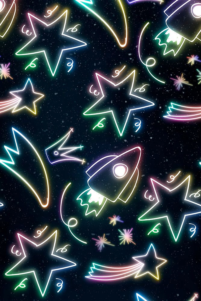 Neon space shuttle star doodle pattern background