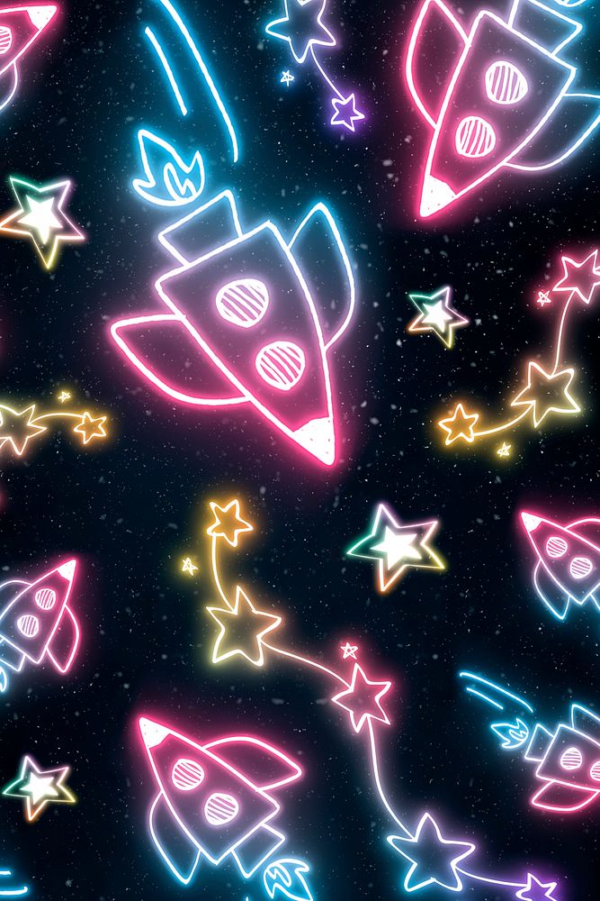Neon spacecraft star doodle psd pattern background