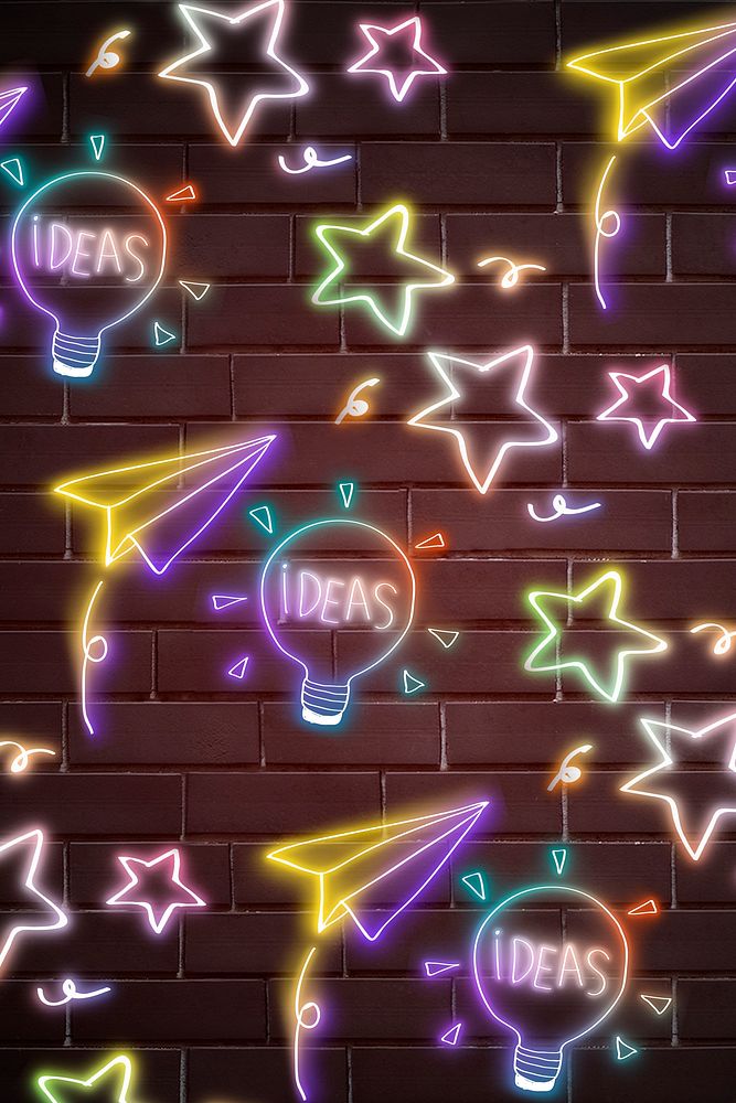 Psd neon light bulb ideas word doodle pattern background