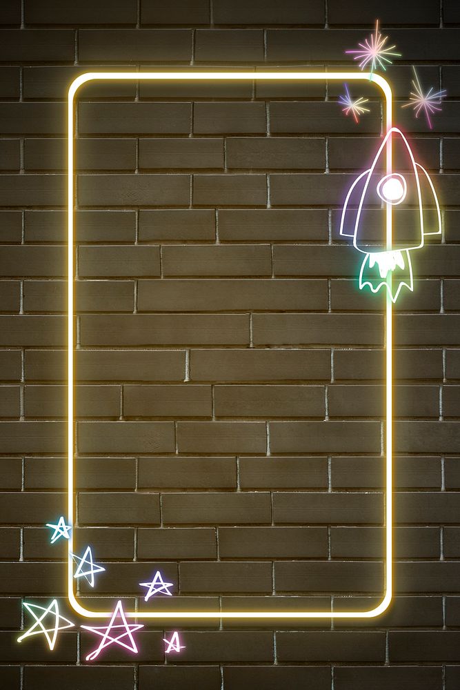 Neon frame rainbow psd rocket doodle