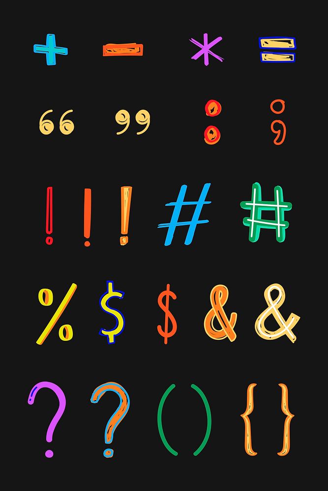 Punctuations and symbols vector doodle typography colorful set