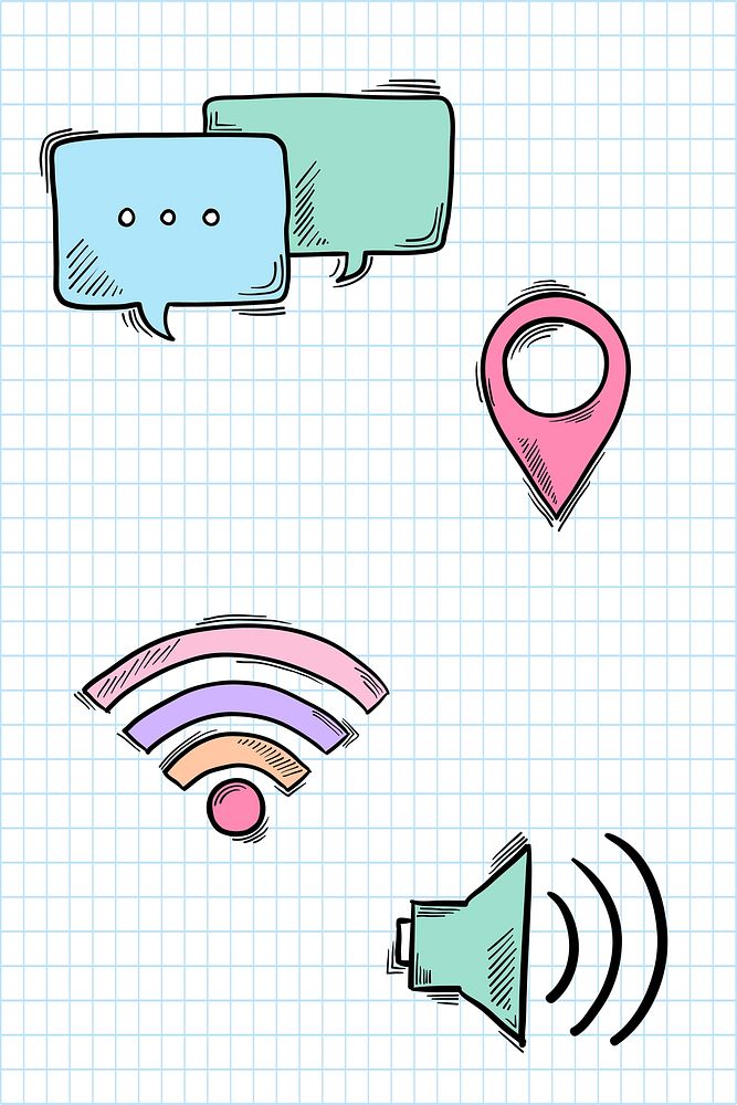 Funky digital media doodle sticker vector set