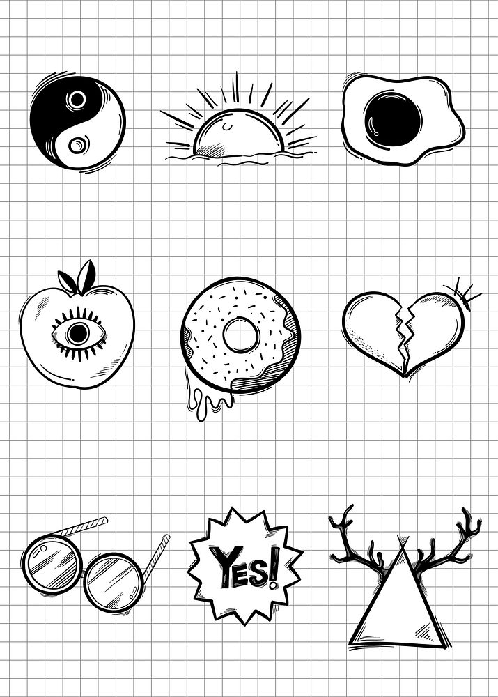 Vector funky bw sticker doodle cartoon set