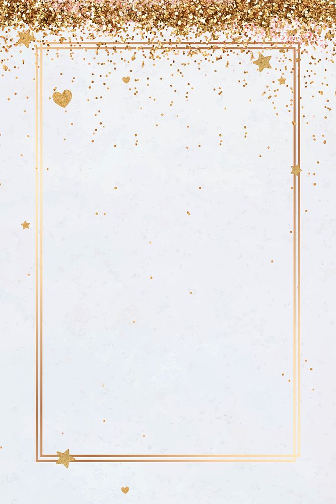 Gold shimmery party frame vector heart pattern white background