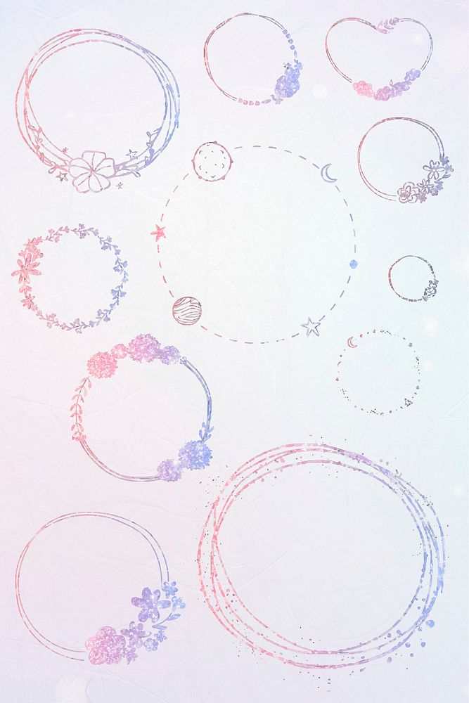 Vector floral round frame set glitter effect colorful gradient 