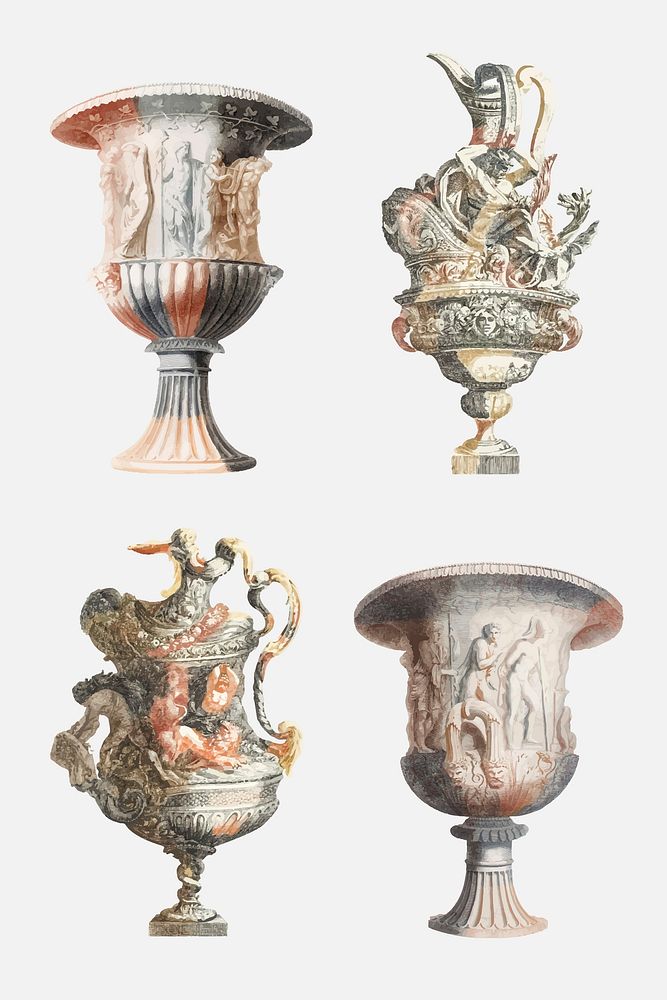 Ancient ornamental pot vector vintage illustration set