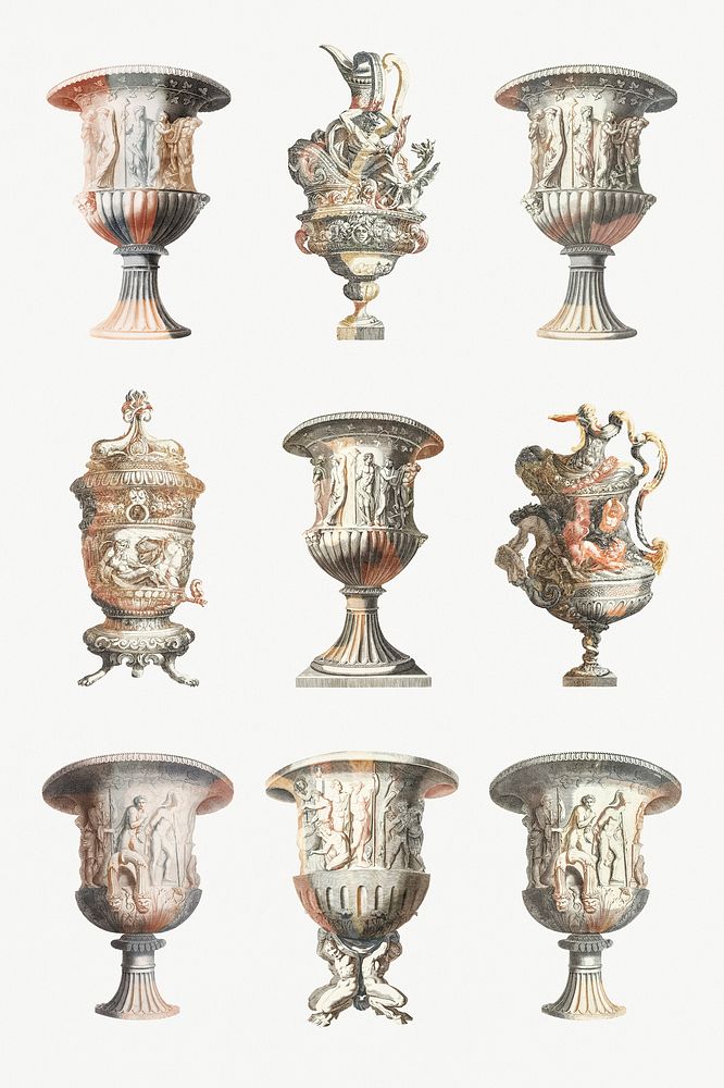 Ancient ornamental vase psd vintage illustration set