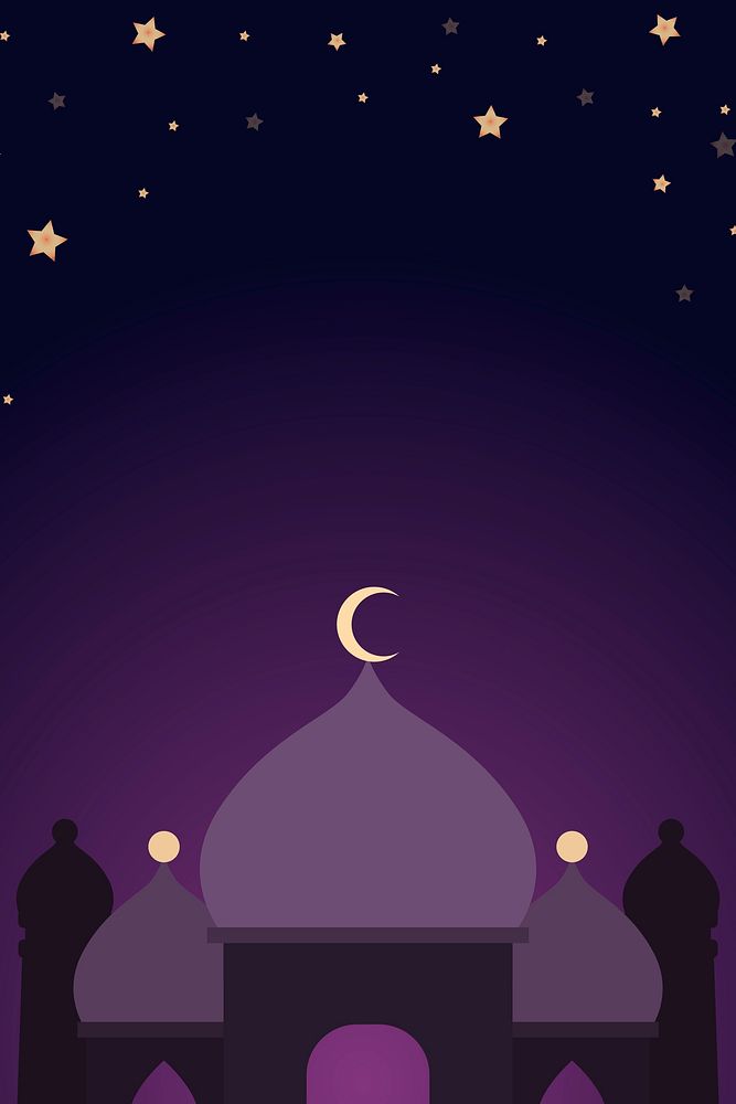 Purple mosque background with stars and crescent moon