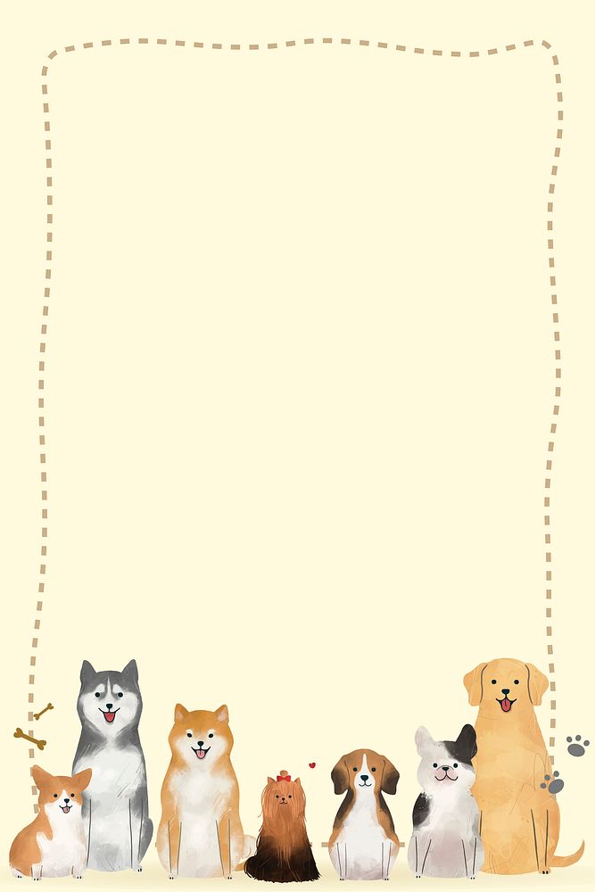 Frame with cute pets watercolor drawing on yellow background