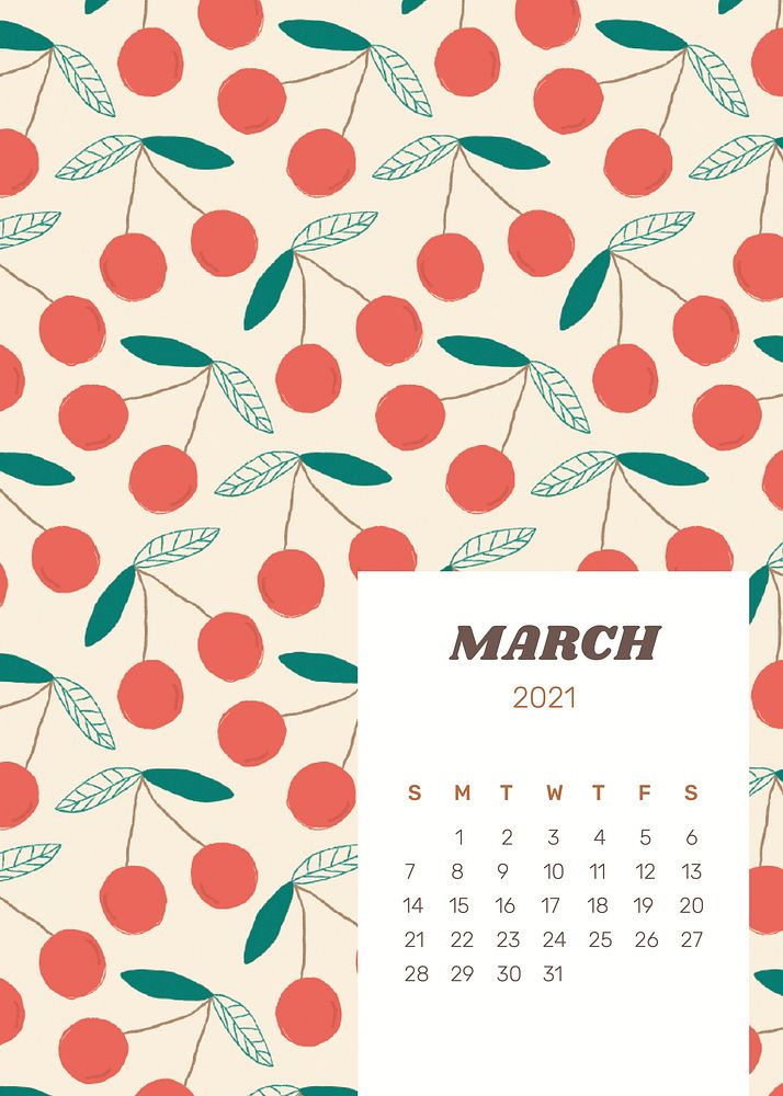 Calendar 2021 March printable with cute fruit background