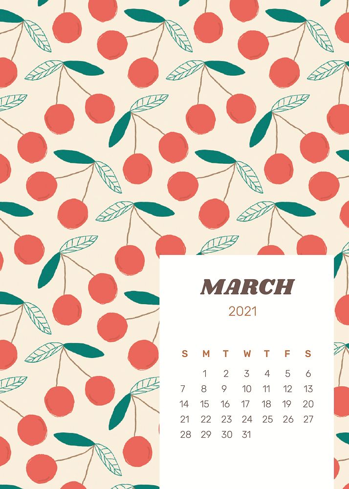 Calendar 2021 March printable vector template with cute fruit background