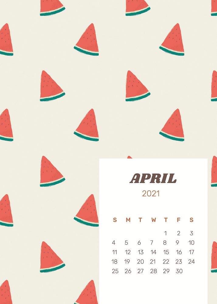 Calendar 2021 April printable vector template with cute watermelon background