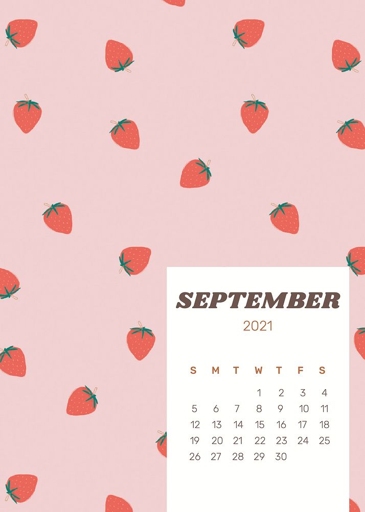 Calendar 2021 September editable poster template vector with cute strawberry background