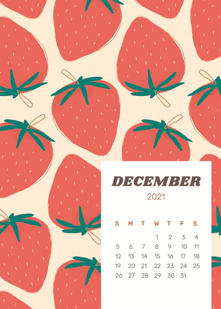 Calendar 2021 December editable poster template vector with cute strawberry background
