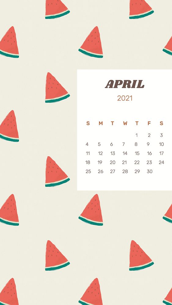 Calendar 2021 April printable vector template with cute watermelon background