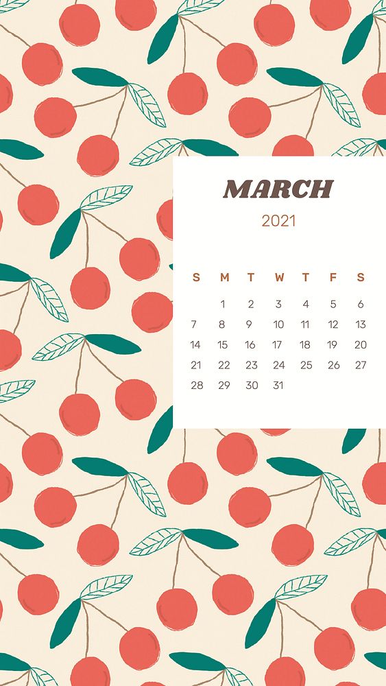 Calendar 2021 March printable with cute fruit background