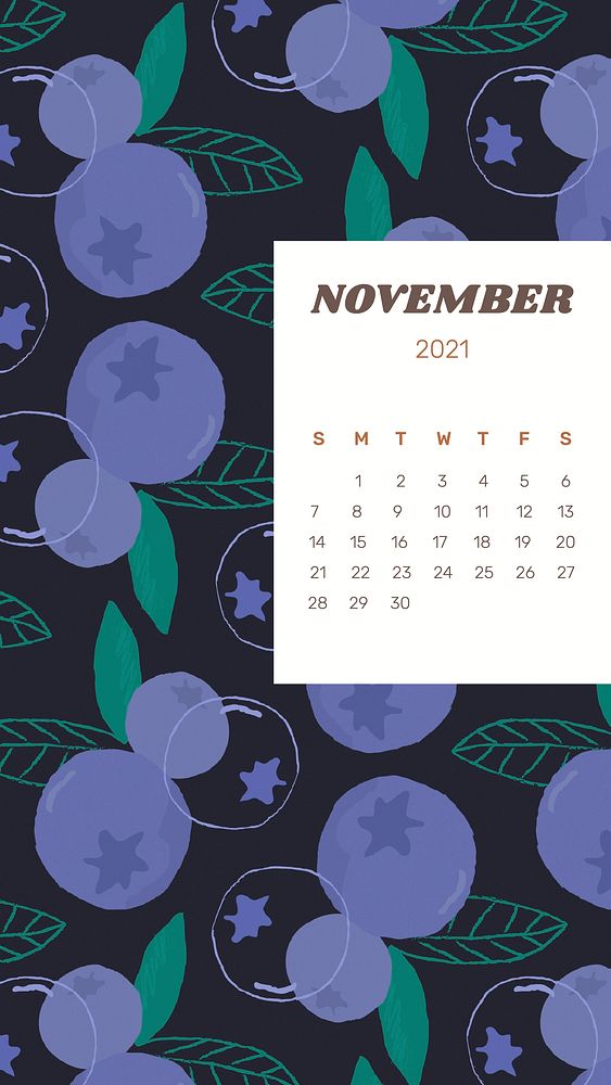 Calendar 2021 November printable with cute blueberry background
